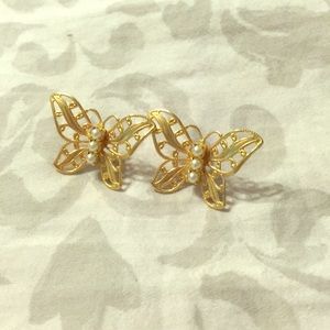 Gold and pearl butterfly earrings (studs)